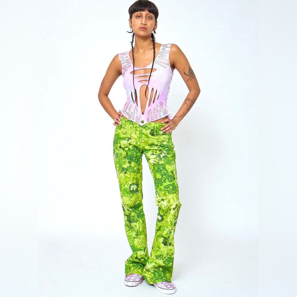 Collina Strada Puddle Flare Pants green psychedelic floral dopamine cotton Y2K